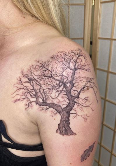 Grey Shaded Oak Tree Shoulder Tattoo