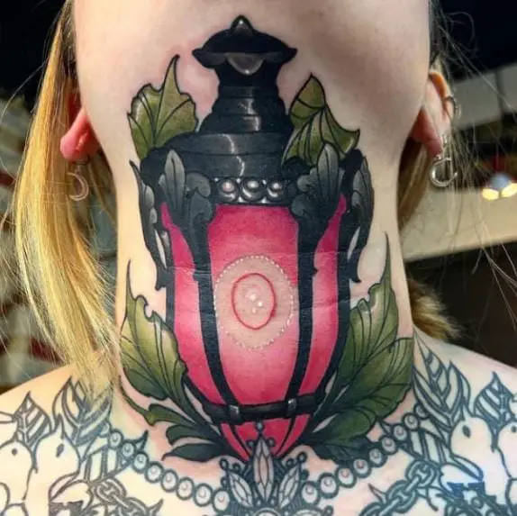 Colorful Lantern Throat Tattoo