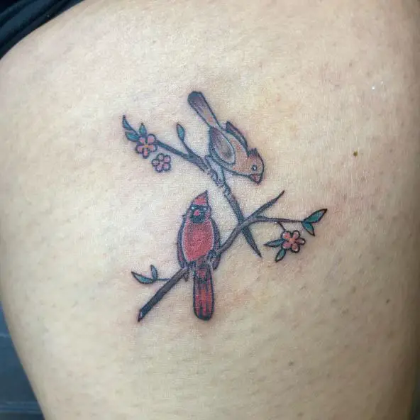 Minimalistic Two Cardinals on Branches Thigh Tattoo
