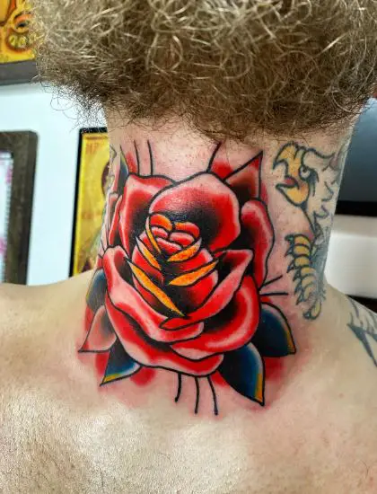 Colorful Rose Throat Tattoo