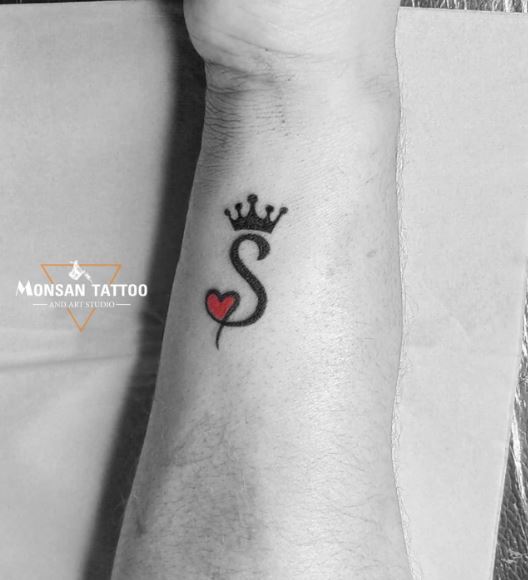 Initial Letter S with Heart and Crown Forearm Tattoo