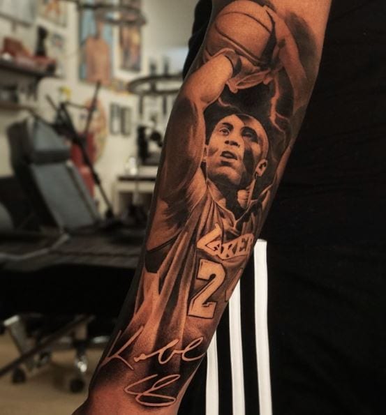 Kobe Bryant Jump Shot with Autograph Forearm Tattoo