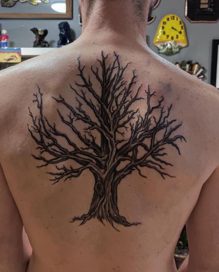 Black and Grey Oak Tree Back Tattoo