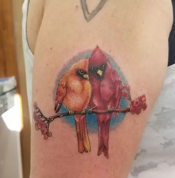 Colorful Two Cardinals on Branch Arm Tattoo