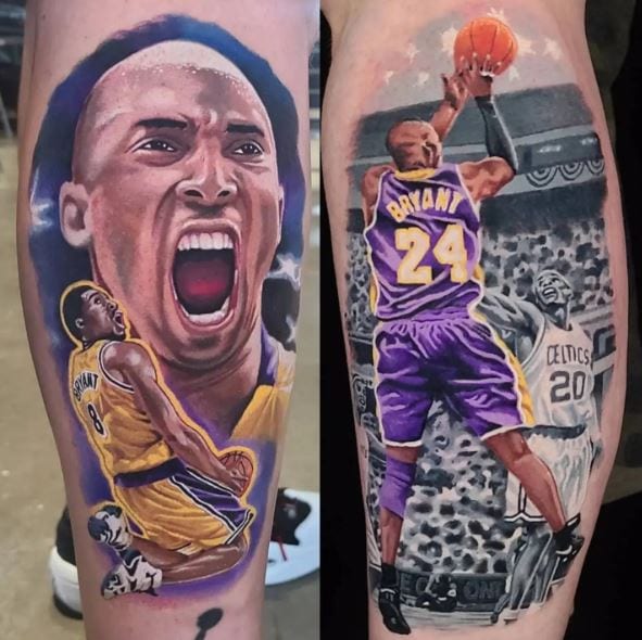 Colorful Kobe Bryant Playing Basketball Leg Tattoo