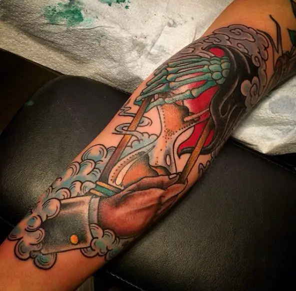 Colorful Hourglass with Human Hand and Skeleton Hand Arm Tattoo