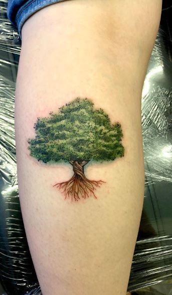 Colorful Oak Tree with Roots Arm Tattoo