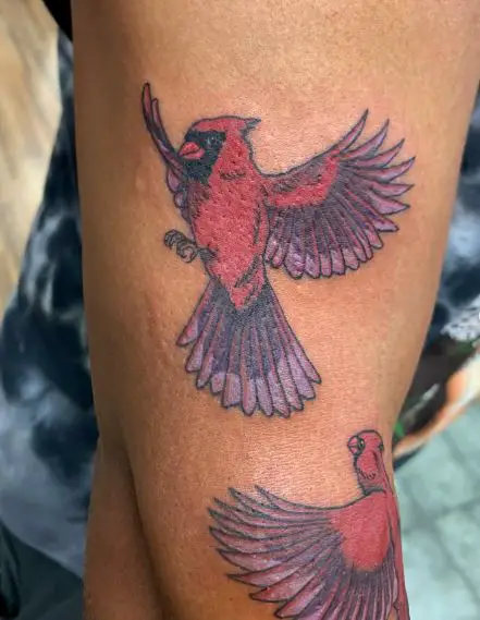 Colorful Two Flying Cardinals Arm Tattoo