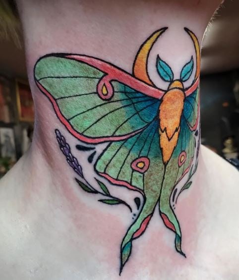 Colorful Luna Moth Throat Tattoo