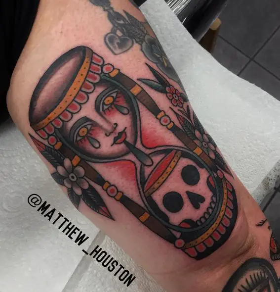 Traditional Life and Death Hourglass with Flowers Arm Tattoo