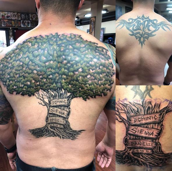 Colored Oak Tree with Names Back Tattoo