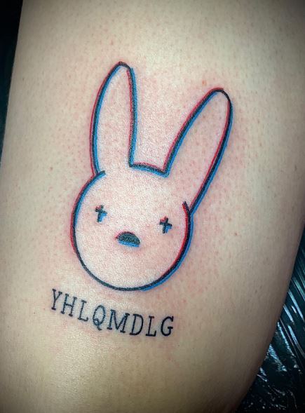 Bad Bunny Logo and YHLQMDLG Thigh Tattoo