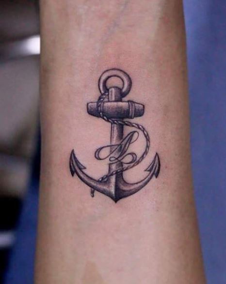 Black and Grey Initial Letters with Anchor Forearm Tattoo