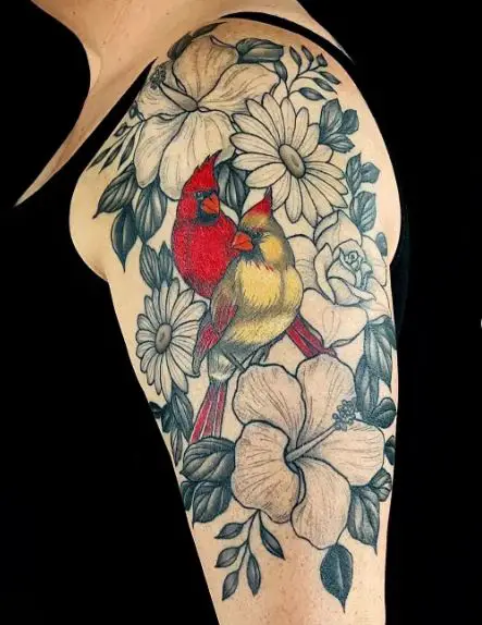Flowers and Two Cardinals Arm Tattoo