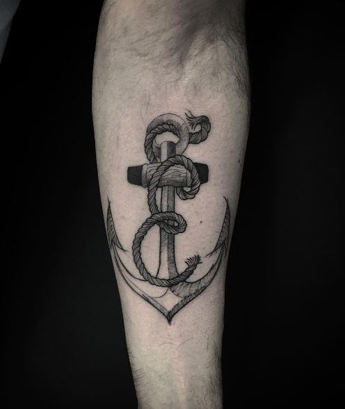 Initial Letter E with Anchor Forearm Tattoo