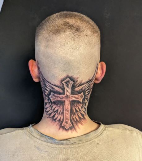 Black and Grey Angel Wings and Cross Neck Tattoo