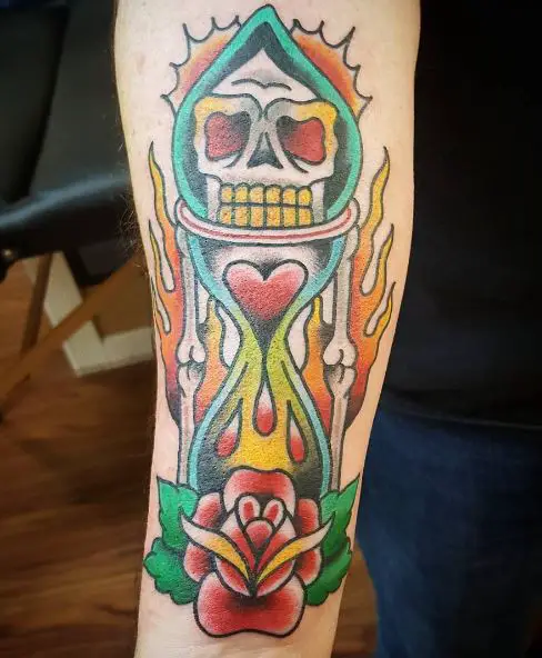 Traditional Life and Death Hourglass with Skull and Rose Arm Tattoo