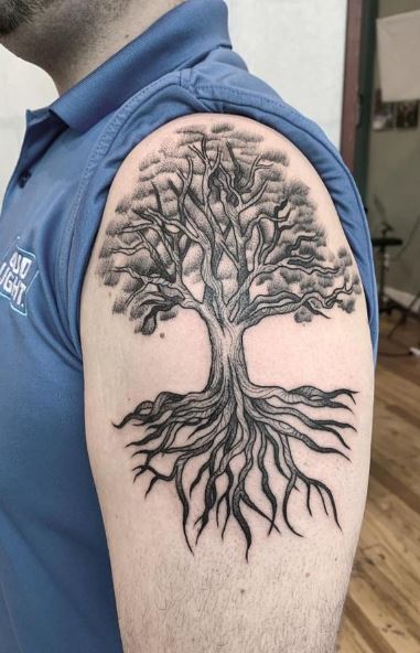 Black and Grey Oak Tree with Roots Arm Tattoo