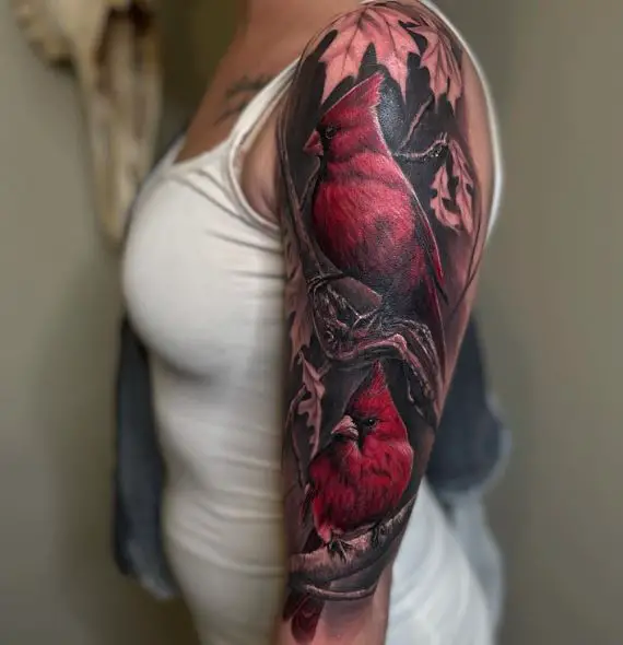 Leaves and Two Cardinals Arm Sleeve Tattoo