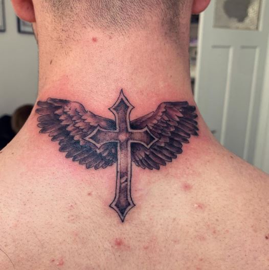 Black Shaded Angel Wings and Cross Neck Tattoo