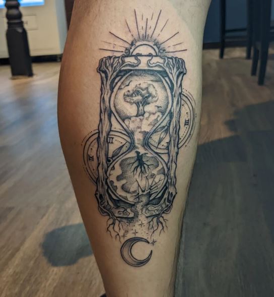 Black and Grey Life and Death Hourglass with Sun and Moon Leg Tattoo