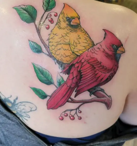Colorful Two Cardinals on Branch Back Tattoo
