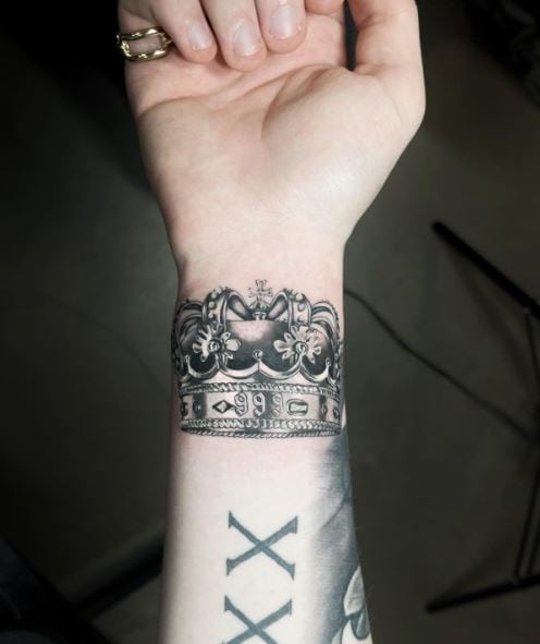 Realistic Crown and 999 Wrist Tattoo