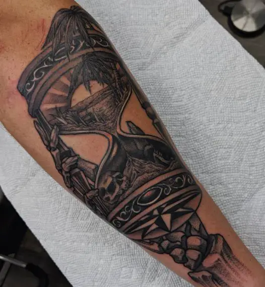Shaded Life and Death Hourglass with Skeleton Hand Forearm Tattoo