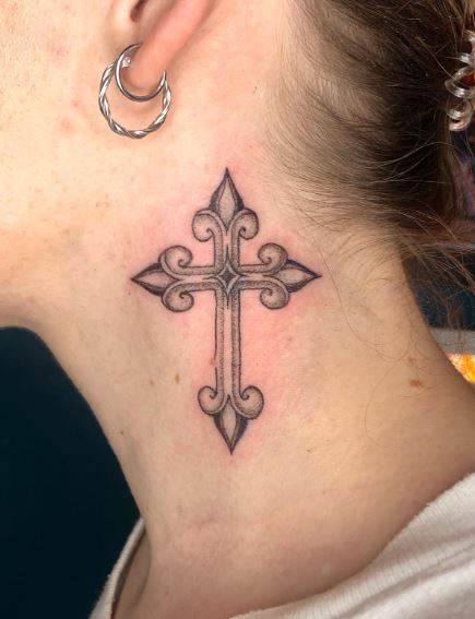 Grey Shaded Cross Neck Tattoo