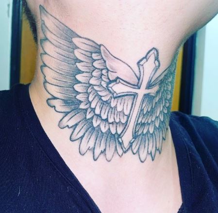 Grey Angel Wings and Cross Throat Tattoo