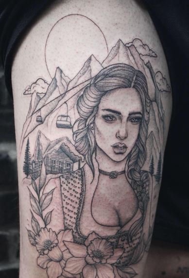 Mountain and Woman Wearing Dirndl Thigh Tattoo