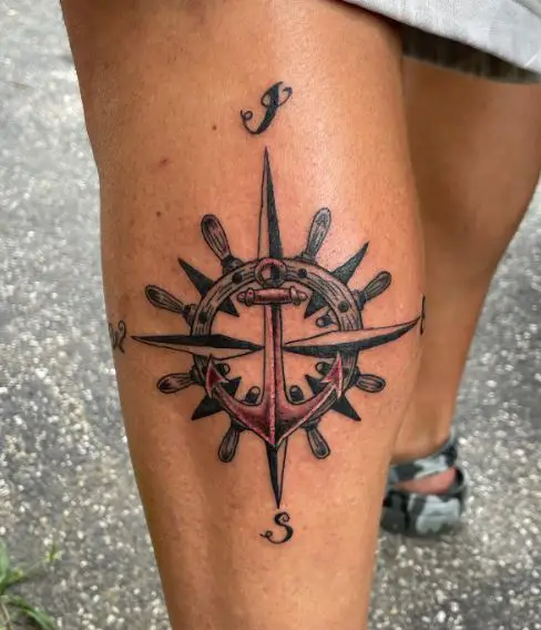 Initial Letter J with Compass Calf Tattoo