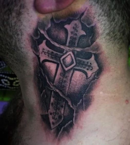 Black Shaded Cross Neck Tattoo