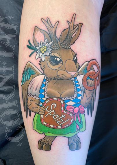 Colorful Rabbit Wearing Dirndl Forearm Tattoo