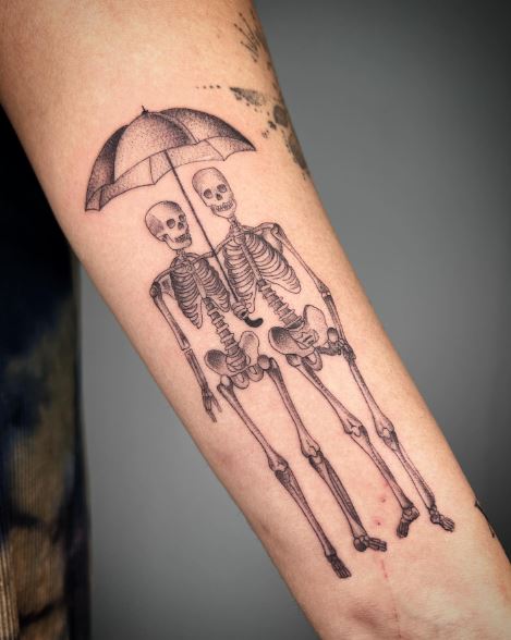 Skeleton Couple with Umbrella Forearm Tattoo