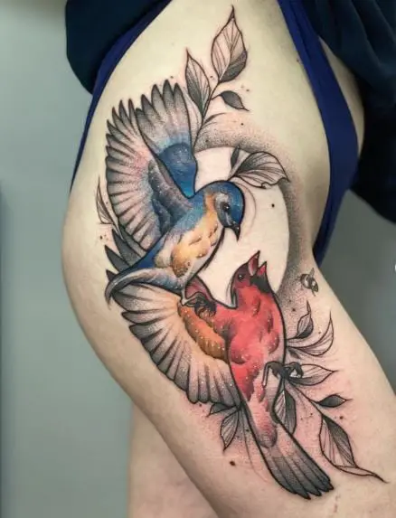 Colorful Flying Two Cardinals Hip Tattoo