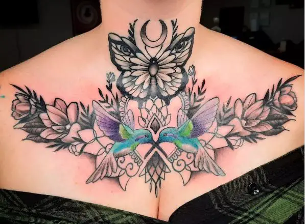 Flowers and Butterfly Chest and Throat Tattoo