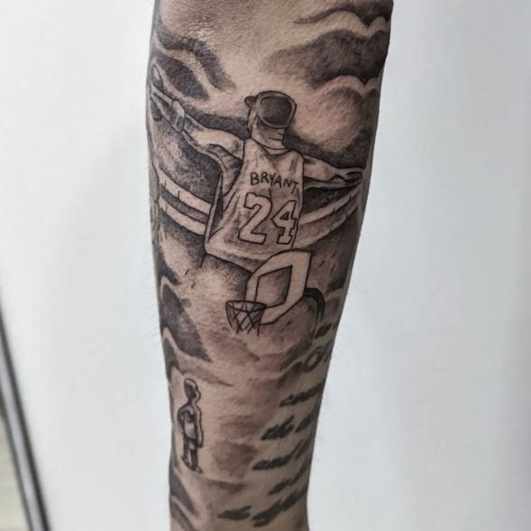 Shaded Clouds and Kobe Bryant Memorial Forearm Tattoo