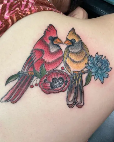 Two Flowers and Two Cardinals Tattoo