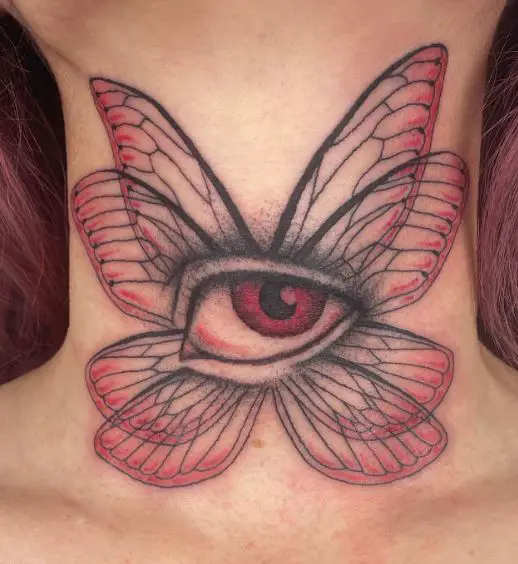 Red Eye and Butterfly Throat Tattoo