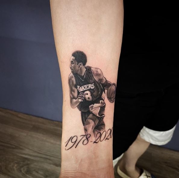 Kobe Bryant with Years Stamp Memorial Forearm Tattoo