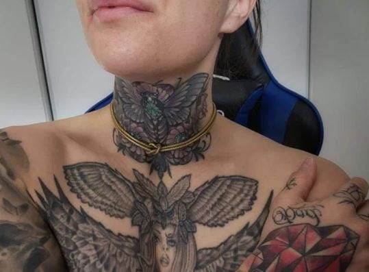 Black and Grey Butterfly Throat Tattoo