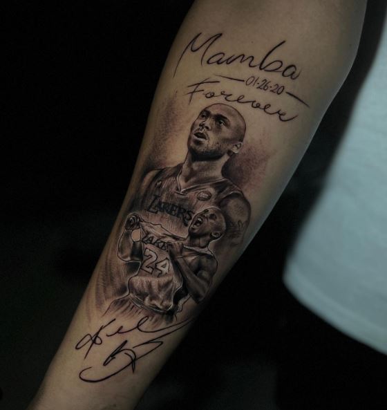 Date of Death and Kobe Bryant with Script Memorial Forearm Tattoo