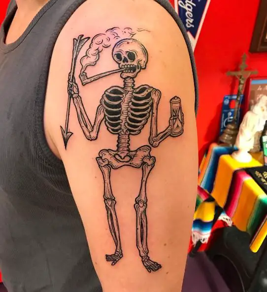 Skeleton with Arrow Smoking Pipe Arm Tattoo