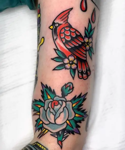 Traditional Flower and Cardinal Arm Tattoo