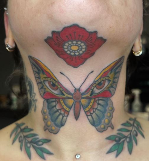 Colorful Flower and Butterfly Throat Tattoo