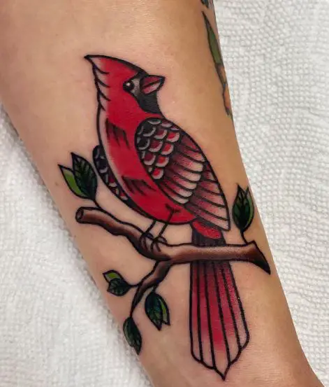 Traditional Cardinal on Branch with Leaves Forearm Tattoo