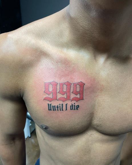 Red 999 with Script Chest Tattoo
