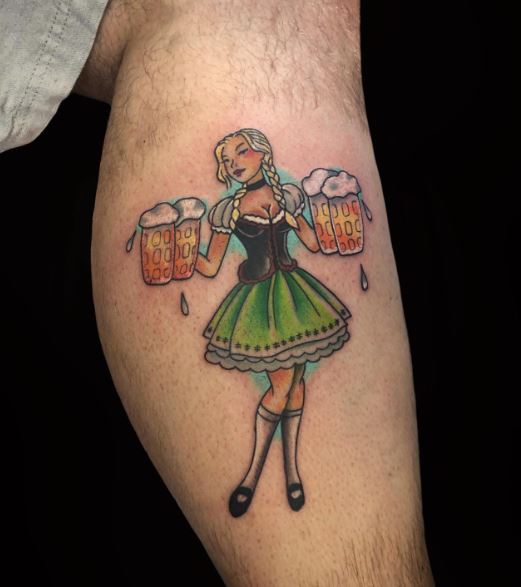 Colorful Waitress with Beer Mugs Calf Tattoo
