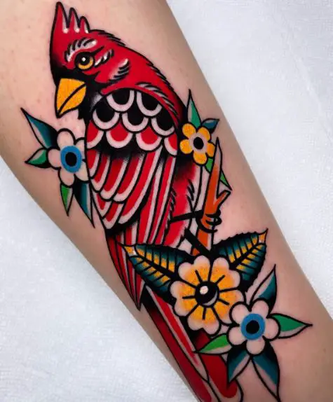 Traditional Flowers and Cardinal Forearm Tattoo